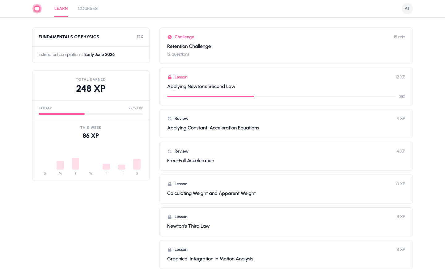 Screenshot of the learning dashboard showing course progress, XP tracking, and a queue of lessons and reviews